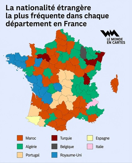 Carte indiquant la prédominance d'une nationalité étrangère par département carte de l'immigration en France