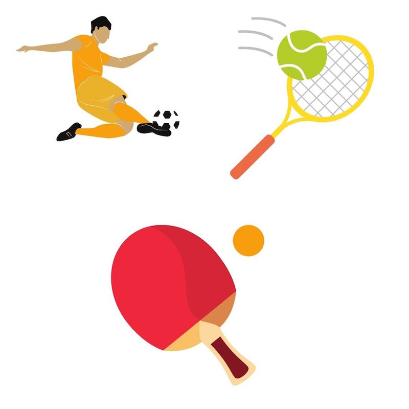 pictogrammes d'un joueur du foot, d'une raquette de tennis et d'une raquette de ping-pong